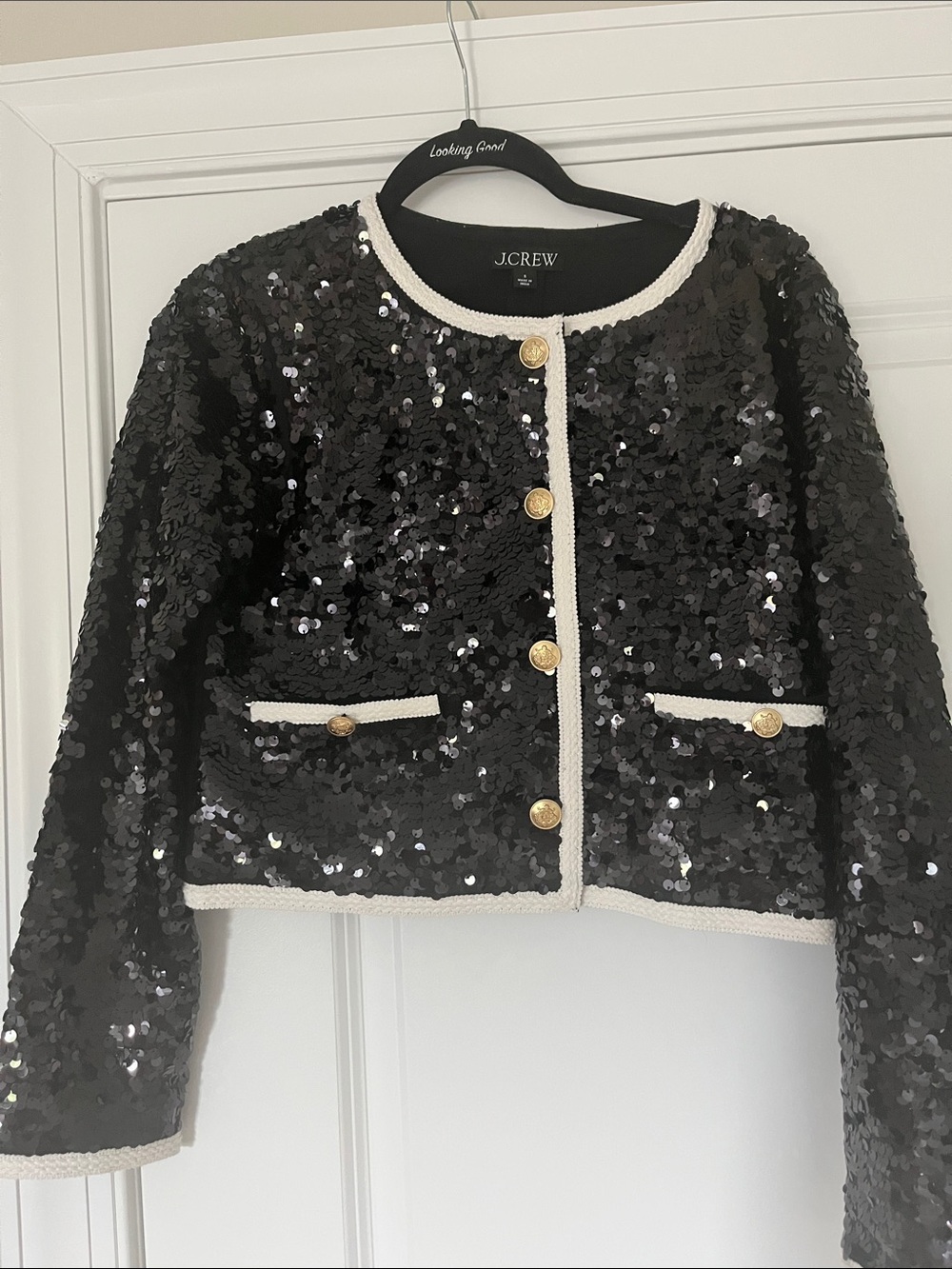 J. Crew Black Sequin Cropped Cardigan with White Trim